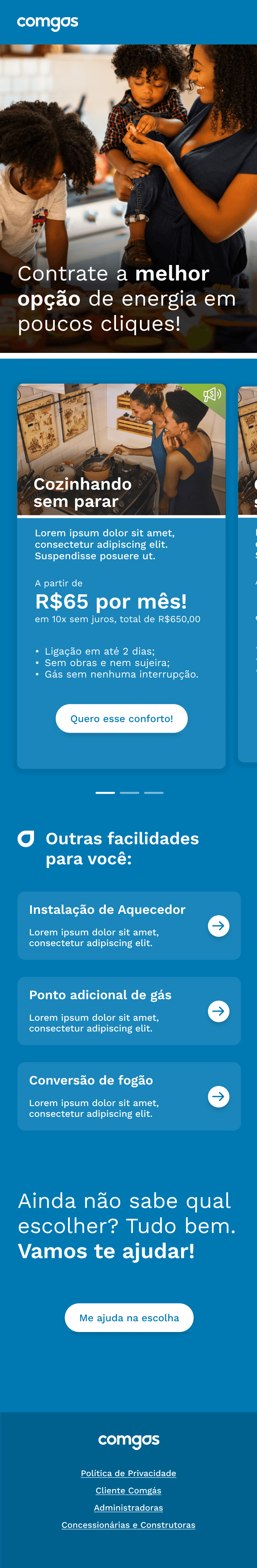 Home da jornada digital de contratação da Comgás